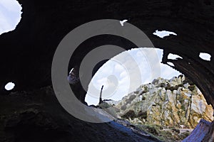 View from inside a boiler drum, discarded on the Victorian brickworks at Porth Wen, Isle of Anglesey