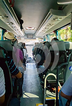 View from inside the bus with passengers