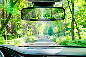View from inside a car of a road in the forest, the rear view mirror shows the reflection of the road between trees
