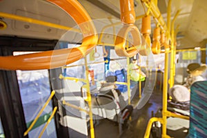 view from inside a city public transport bus at sunset