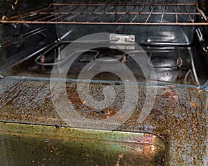 View inside dirty electric oven, filthy dirty covered in burnt grease and food on glass door.