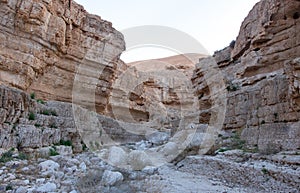 View inside a dry canyon in a remote desert region un the Middle East.
