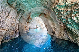 View from inside the famous blue caves on Zakynthos island