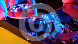 View inside hard drive storage device. Closeup