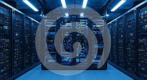 Modern data center servers illuminated by blue light