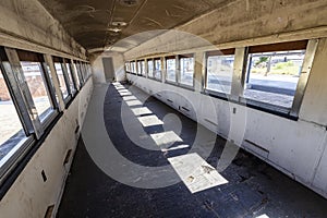 view from inside an old empty train passenger wagon