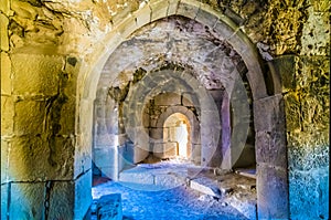 A view inside one of the remaining rooms in the ruins of the crusader castle in Shobak, Jordan