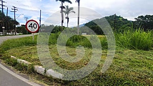 View from inside the speed limit sign car. 40 km limit sign. video inside the car observing the traffic sign