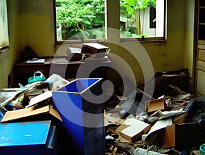 A view inside a squalid room devoid of furniture and basic amenities.. AI generation