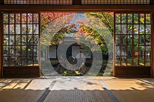 View from inside of a tatami room of the Japanese garden at Kenninji Temple, Kyoto, Japan