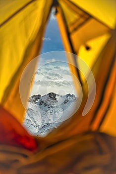 View from inside a tent in an Himalayan base camp. Stok Kangri base camp 5500m