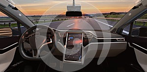 View from inside a Tesla X electric car on the highway