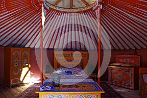 View of inside a yurt, traditional nomad housing in Asia and mainly Mongolia. Colored and tiny furniture. photo