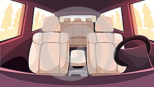 View of interior of empty vehicle from windshield side. Luxury leather chairs. Automobile inside. Trips and journey by