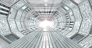 View of the interior of a long corridor of a spaceship with white light at the end of the tunnel. 3D Illustration