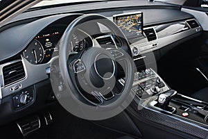 View of the interior of a modern automobile showing the dashboard