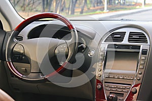 View of the interior of a modern automobile showing the dashboard