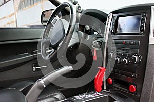 View of the interior of a modern automobile showing the dashboard