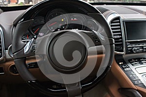 View of the interior of a modern automobile showing the dashboard