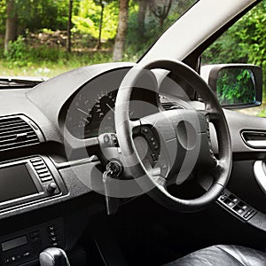 View of the interior of a modern automobile showing the dashboard