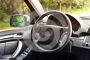 View of the interior of a modern automobile showing the dashboard