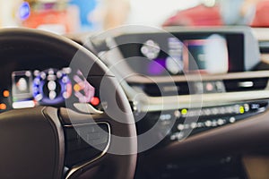 View of the interior of a modern automobile showing the dashboard.