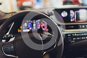 View of the interior of a modern automobile showing the dashboard.