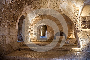 View at the interior of ruins of Arabic Fort Ajloun in Jordan