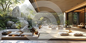 View from interior with zen inspired style inside on japanese garden house.