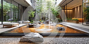 View from interior with zen inspired style inside on japanese garden house.