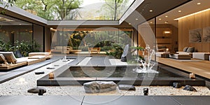 View from interior with zen inspired style inside on japanese garden house.