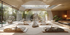 View from interior with zen inspired style inside on japanese garden house.