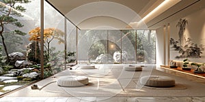 View from interior with zen inspired style inside on japanese garden house.