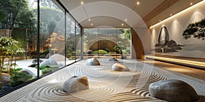 View from interior with zen inspired style inside on japanese garden house.