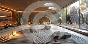 View from interior with zen inspired style inside on japanese garden house.