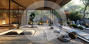 View from interior with zen inspired style inside on japanese garden house.