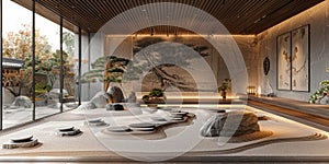 View from interior with zen inspired style inside on japanese garden house.