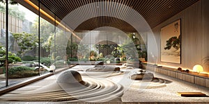 View from interior with zen inspired style inside on japanese garden house.