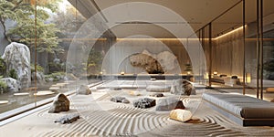 View from interior with zen inspired style inside on japanese garden house.