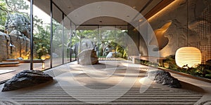 View from interior with zen inspired style inside on japanese garden house.