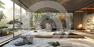 View from interior with zen inspired style inside on japanese garden house.