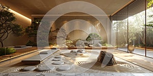 View from interior with zen inspired style inside on japanese garden house.