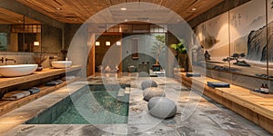 View from interior with zen inspired style inside on japanese garden house.