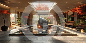 View from interior with zen inspired style inside on japanese garden house.