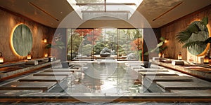 View from interior with zen inspired style inside on japanese garden house.