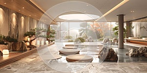 View from interior with zen inspired style inside on japanese garden house.