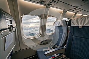 View of the internal airplane window and seat