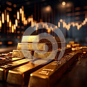 view Investment strategy gold bars on a table, paired with stock chart