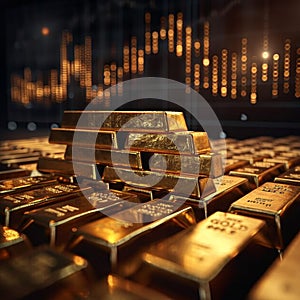 view Investment strategy gold bars on a table, paired with stock chart