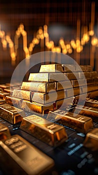 view Investment strategy gold bars on a table, paired with stock chart